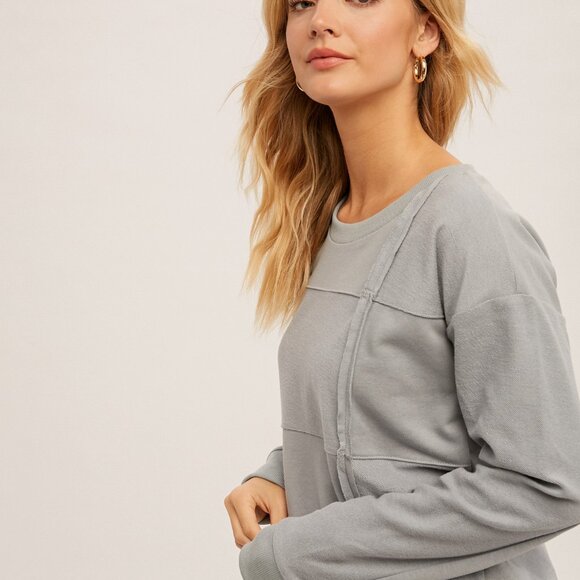 HEM & THREAD Light Blue/Grey Patchwork Detail Sweatshirt Casual Cozy Long Sleeve - Picture 2 of 7